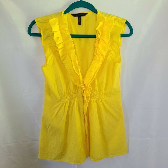 🌷  BCBGMaxazria Yellow Ruffle Top Ruched - Picture 2 of 12